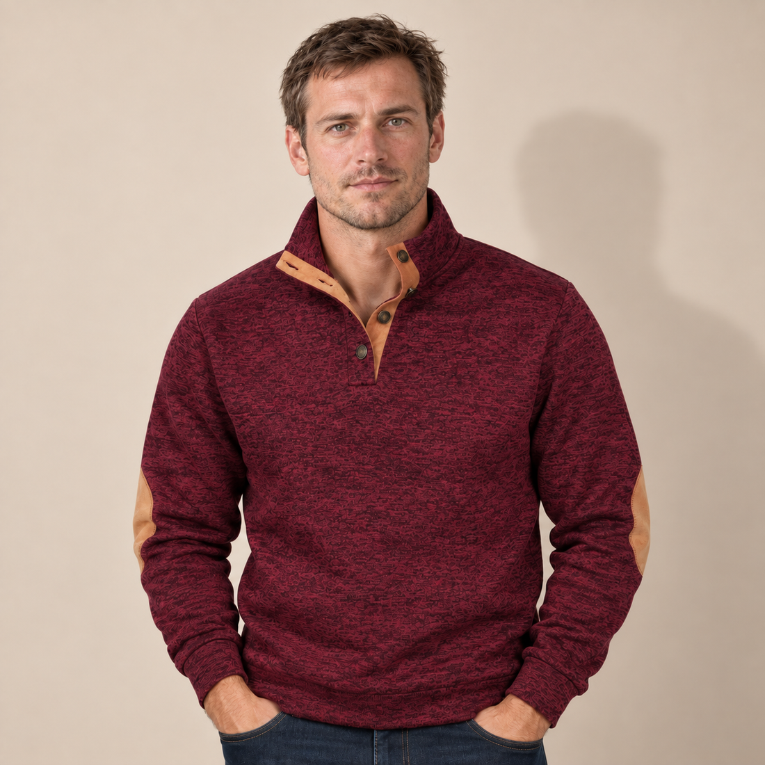 Sweter męski ze stójką i krótką plisą na guziki