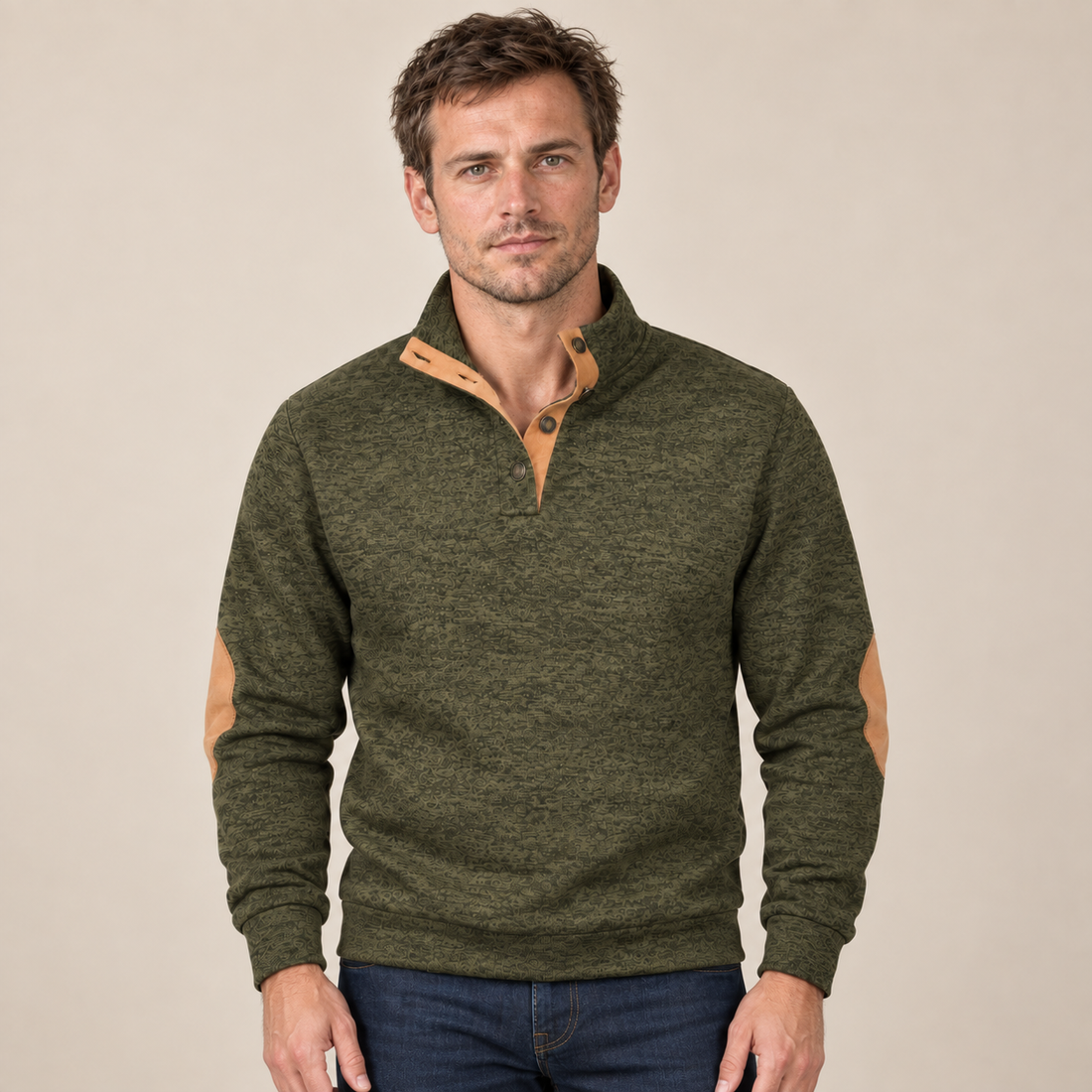 Sweter męski ze stójką i krótką plisą na guziki