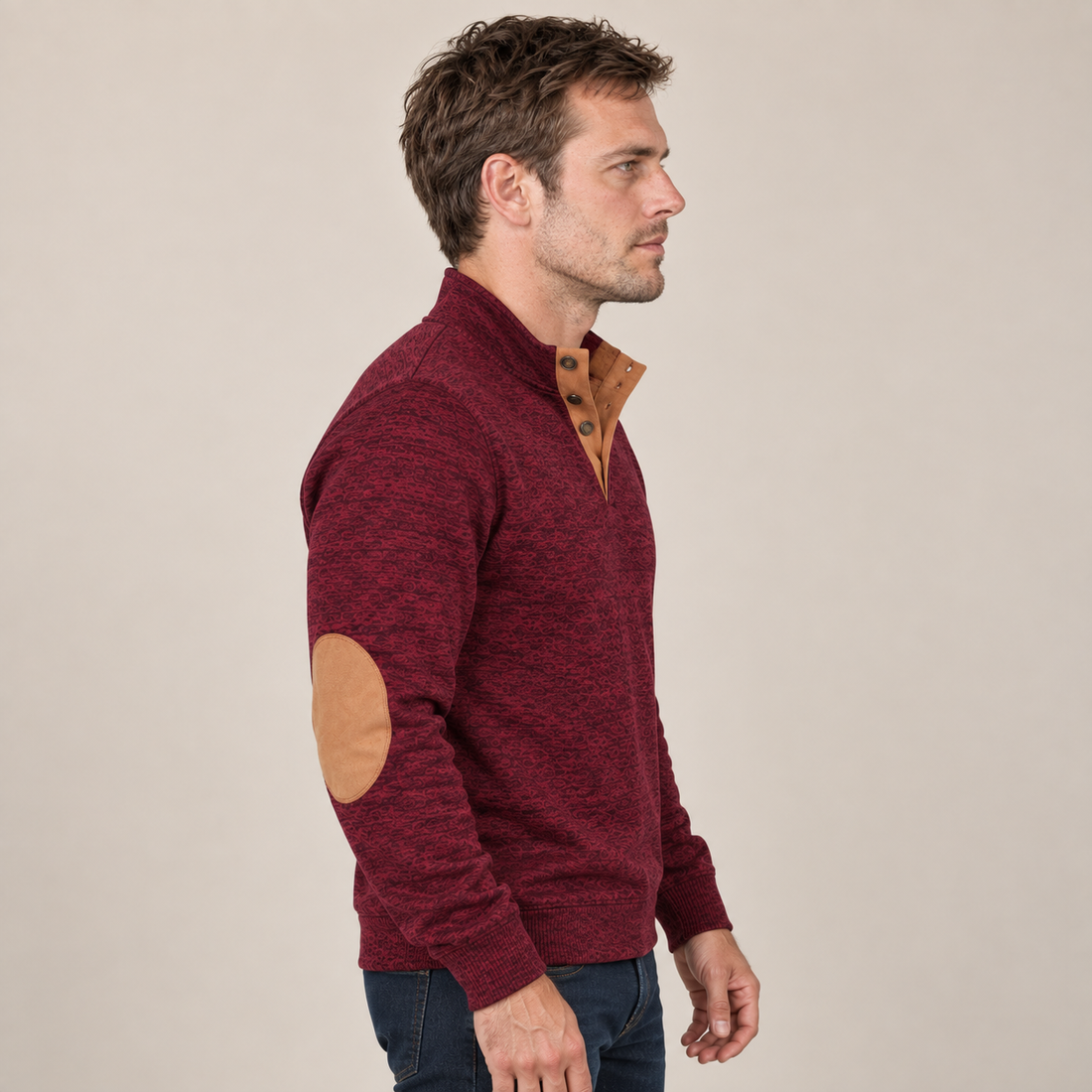 Sweter męski ze stójką i krótką plisą na guziki