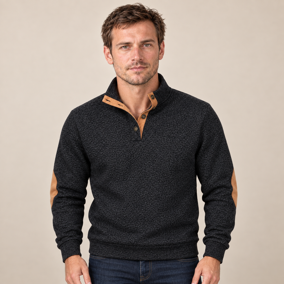Sweter męski ze stójką i krótką plisą na guziki