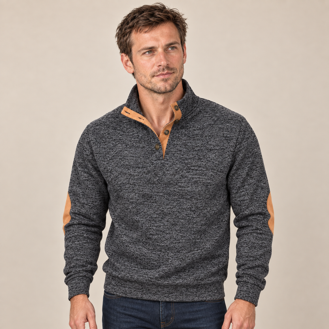 Sweter męski ze stójką i krótką plisą na guziki