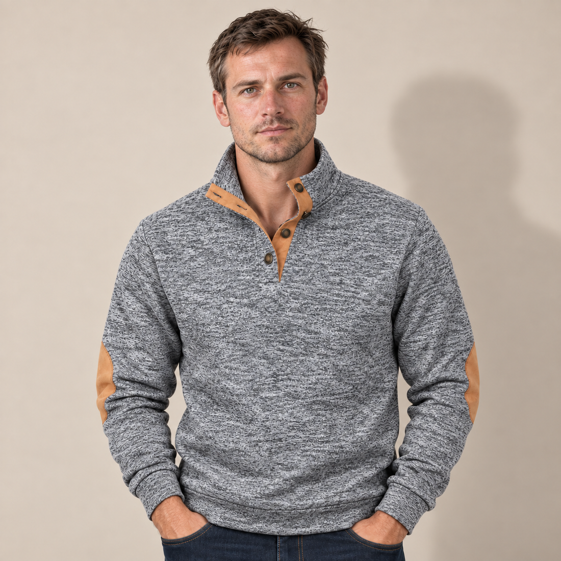 Sweter męski ze stójką i krótką plisą na guziki