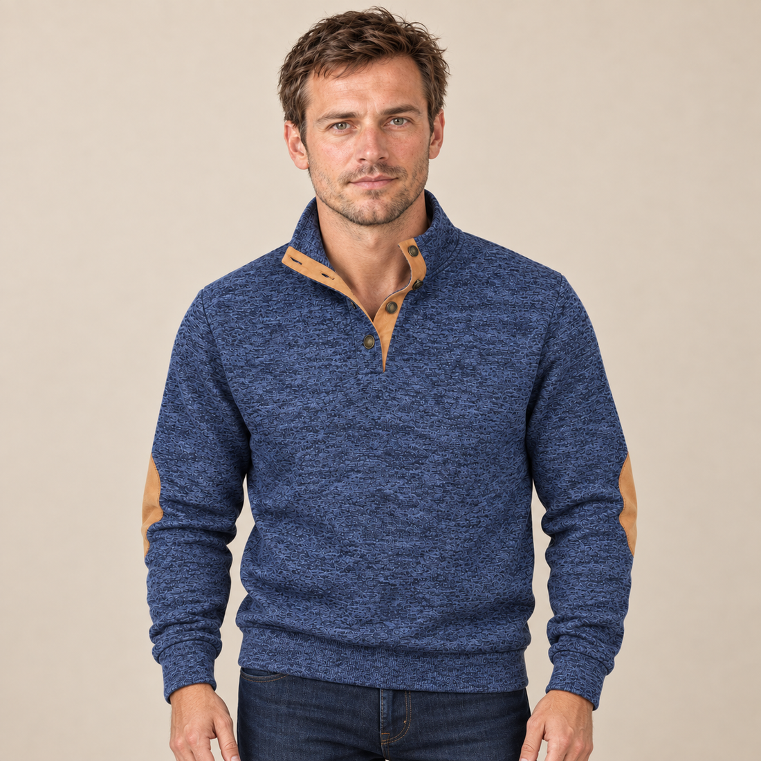 Sweter męski ze stójką i krótką plisą na guziki