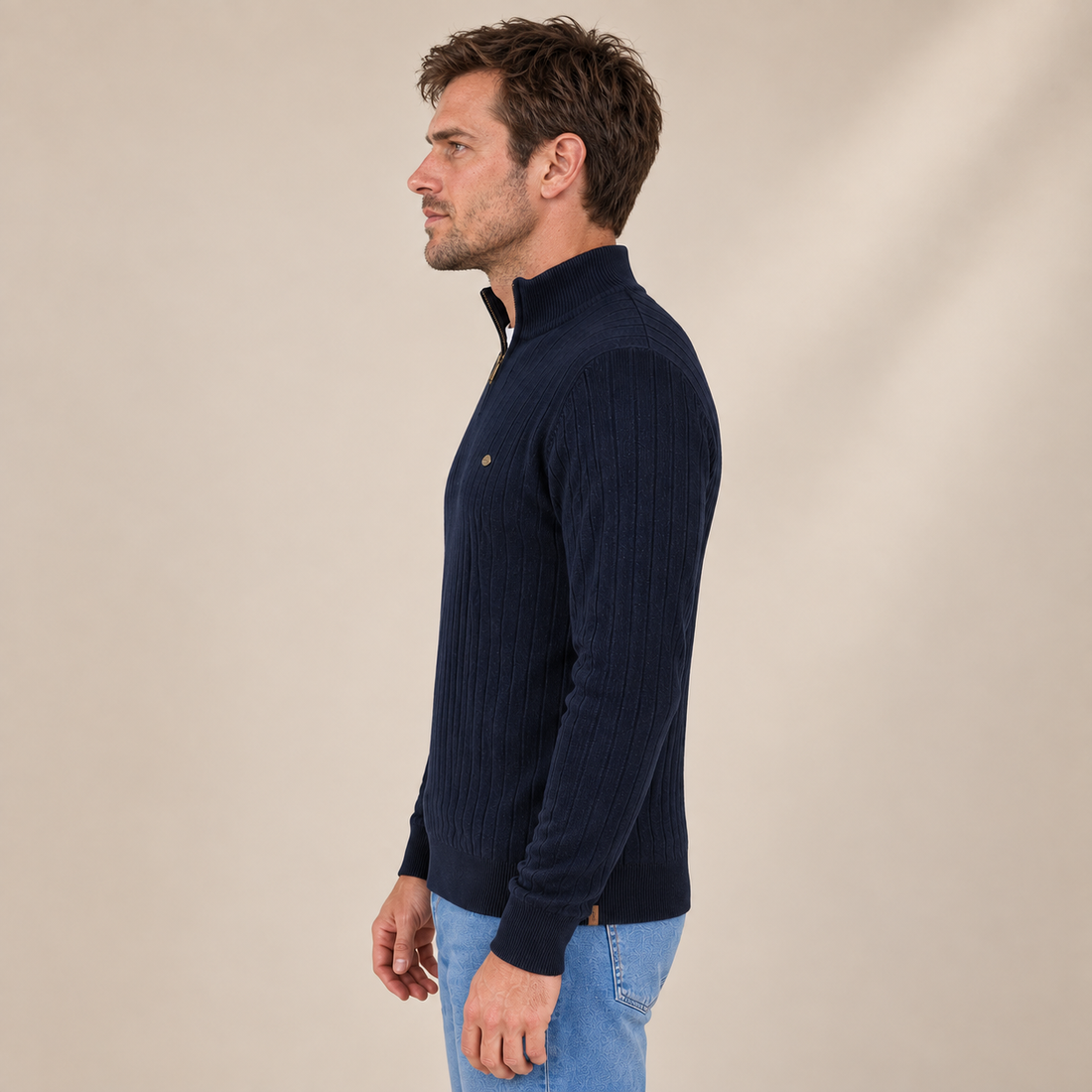 Sweter męski prążkowany z kominem i krótkim zamkiem