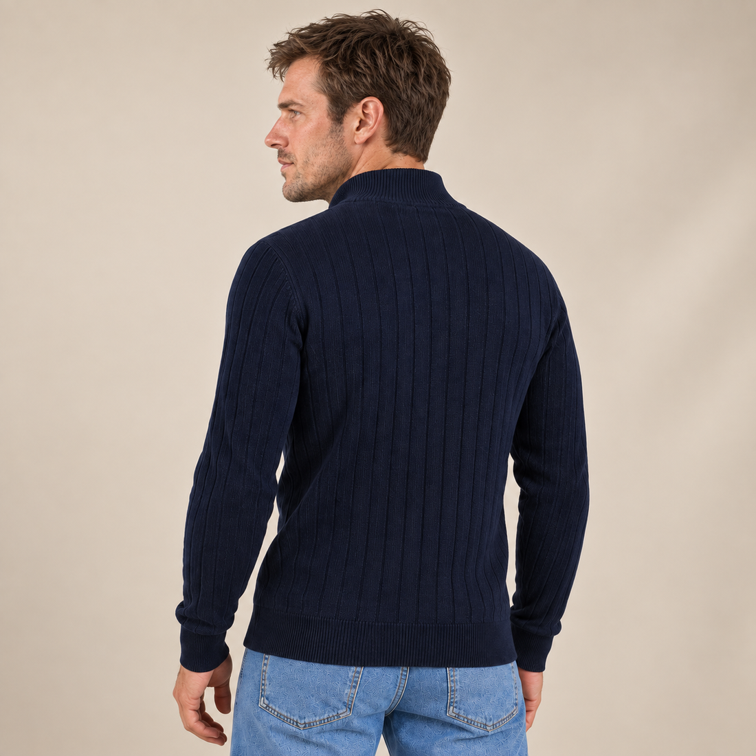Sweter męski prążkowany z kominem i krótkim zamkiem