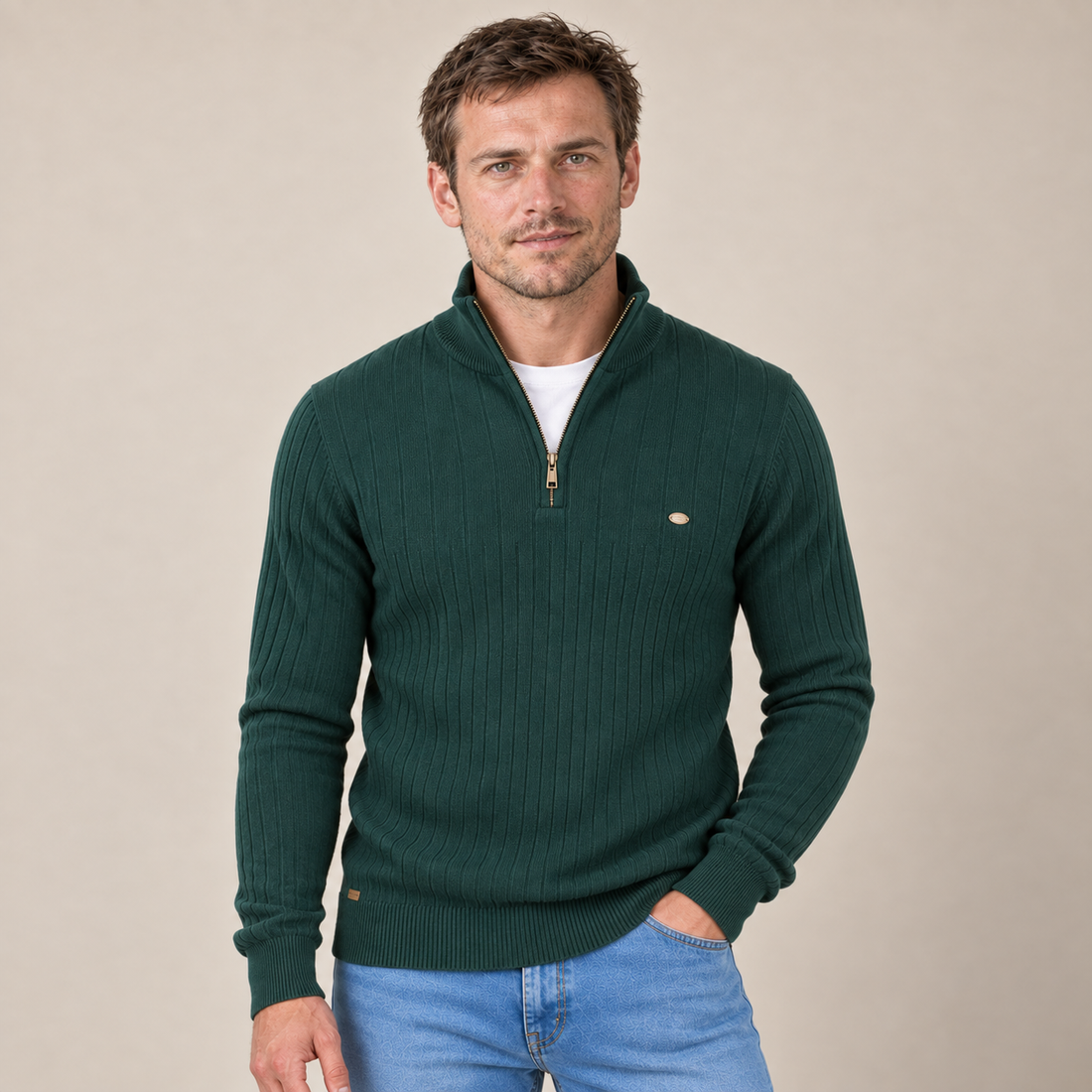 Sweter męski prążkowany z kominem i krótkim zamkiem