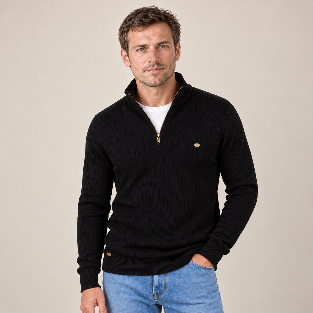 Sweter męski prążkowany z kominem i krótkim zamkiem