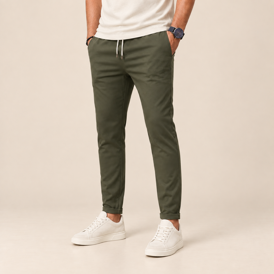 Spodnie męskie slim fit zwężane, wiązane w pasie