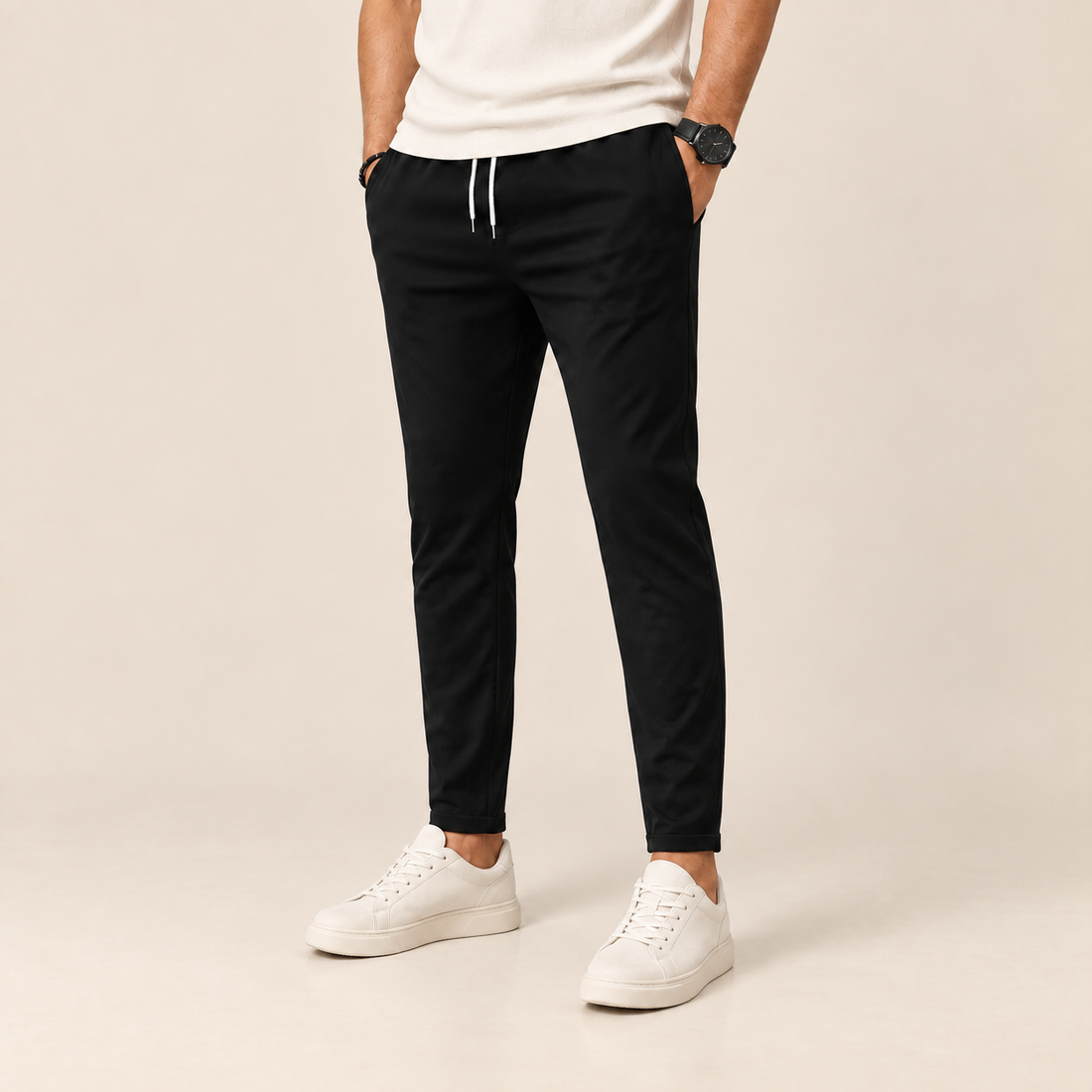 Spodnie męskie slim fit zwężane, wiązane w pasie
