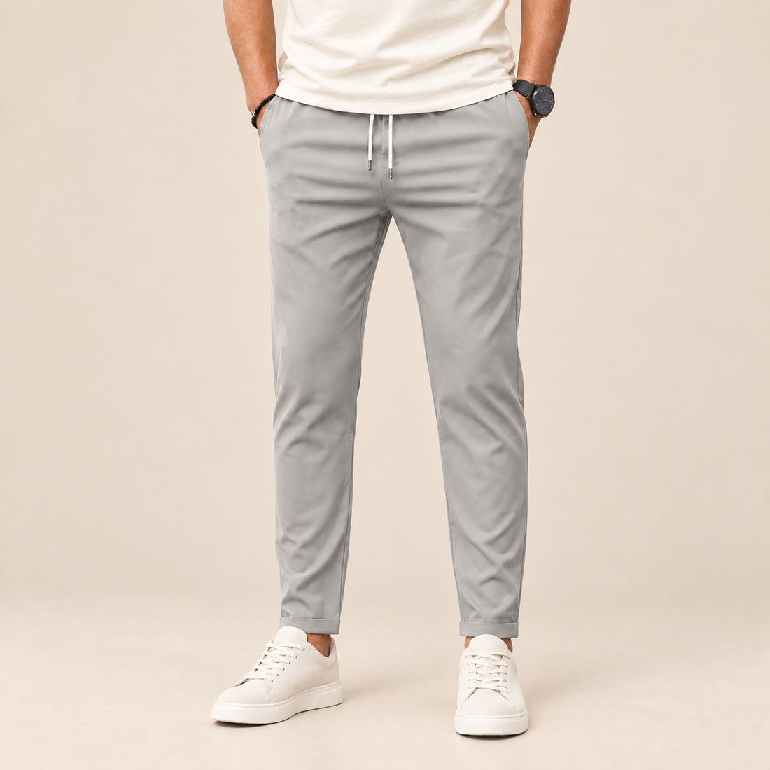 Spodnie męskie slim fit zwężane, wiązane w pasie
