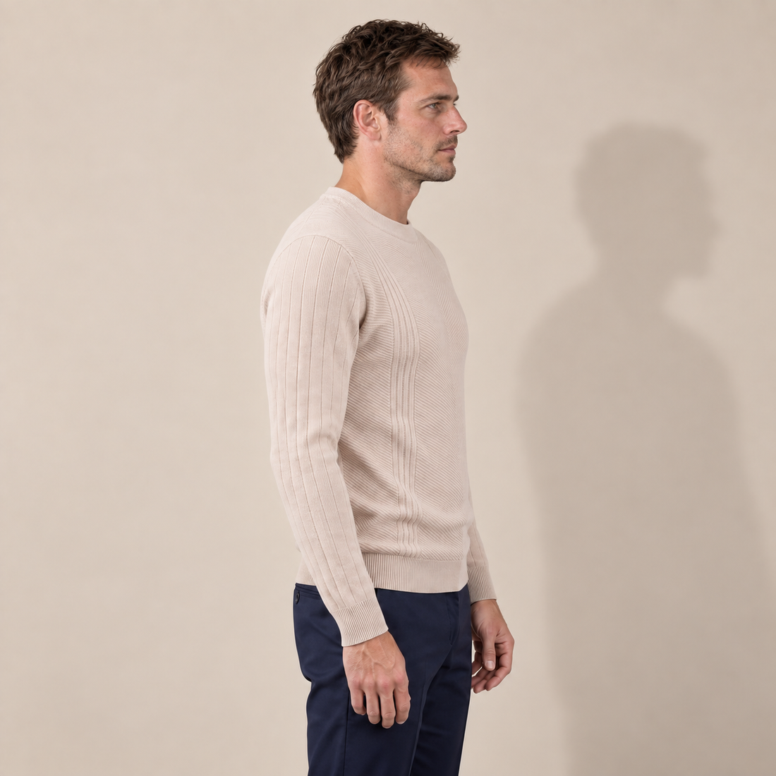 Sweter męski prążkowany w zygzak z okrągłym dekoltem