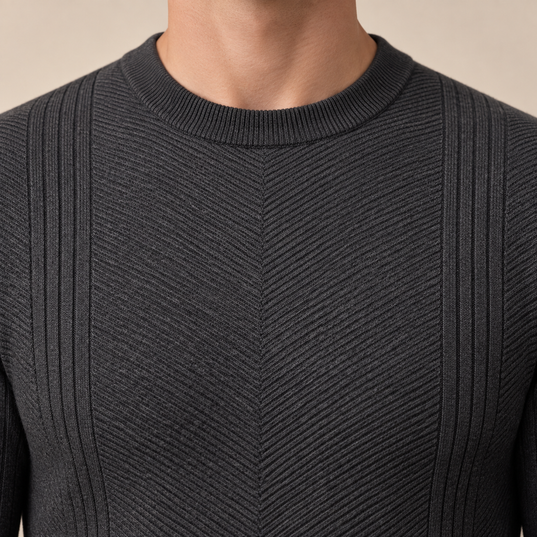 Sweter męski prążkowany w zygzak z okrągłym dekoltem