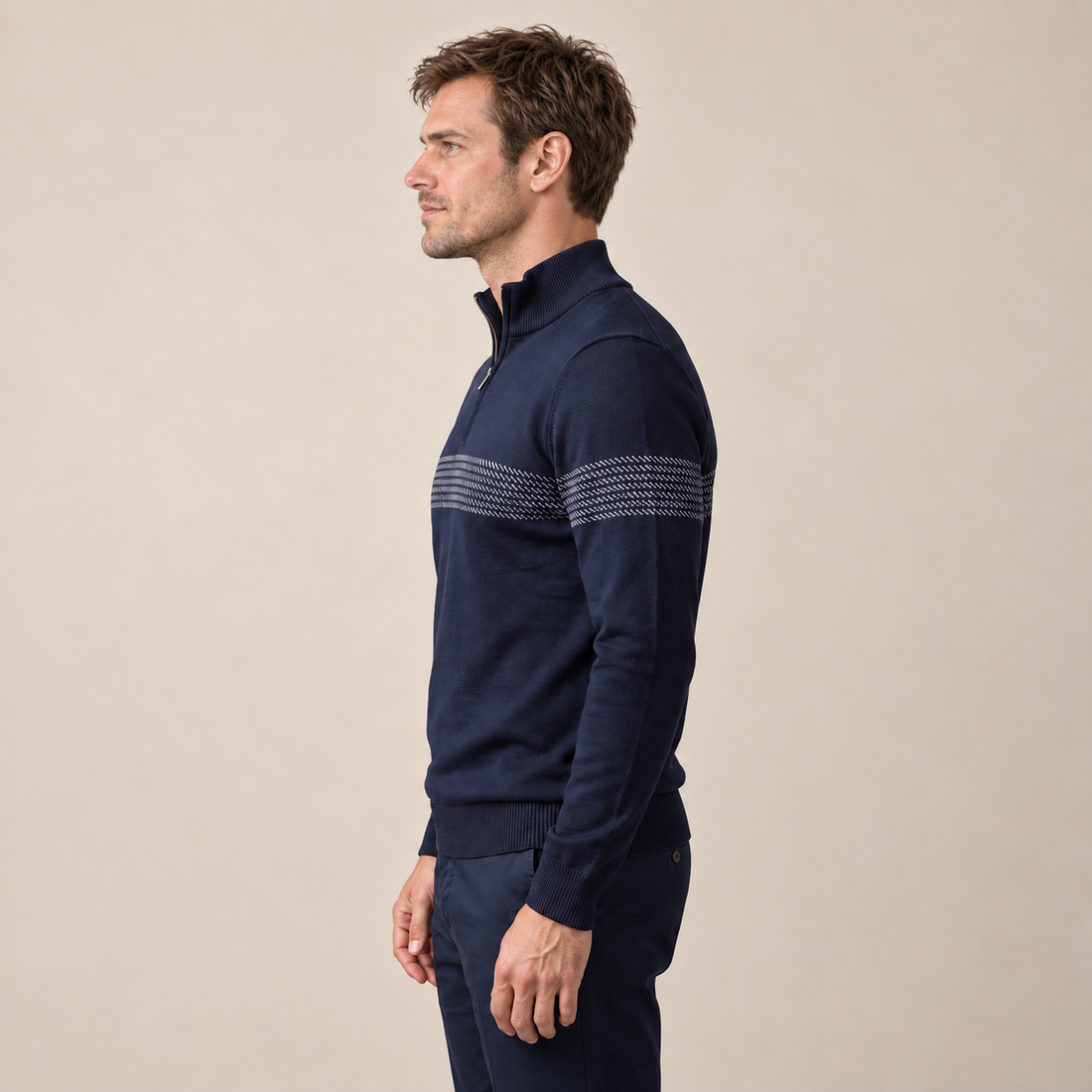 Sweter męski w zygzakowate paski z krótkim zamkiem