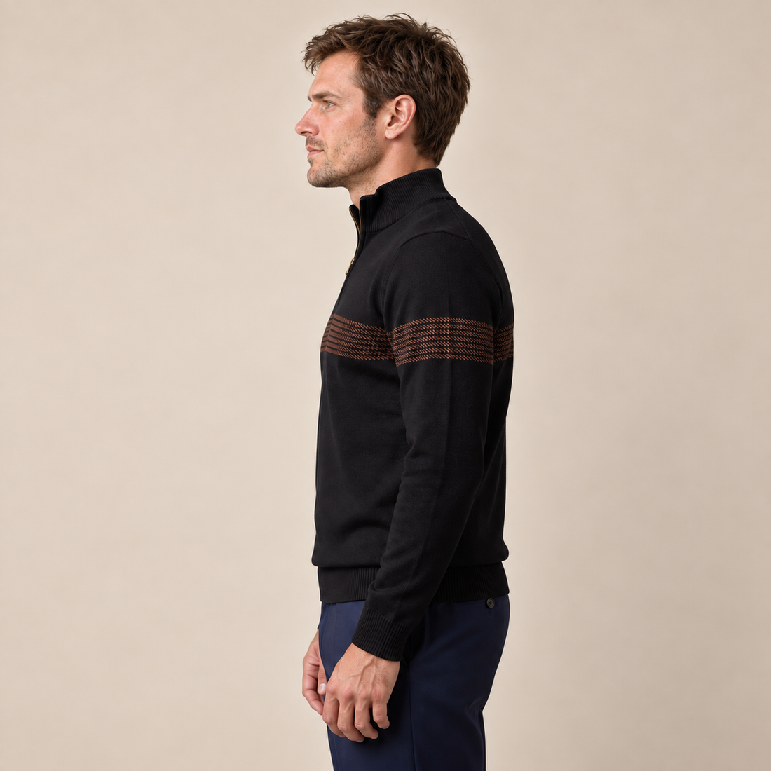 Sweter męski w zygzakowate paski z krótkim zamkiem