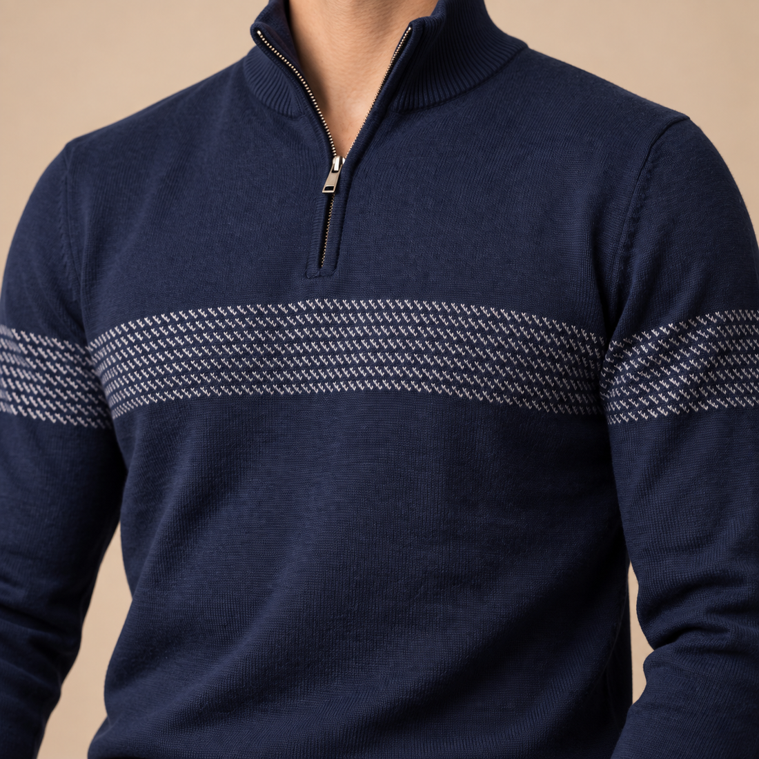 Sweter męski w zygzakowate paski z krótkim zamkiem