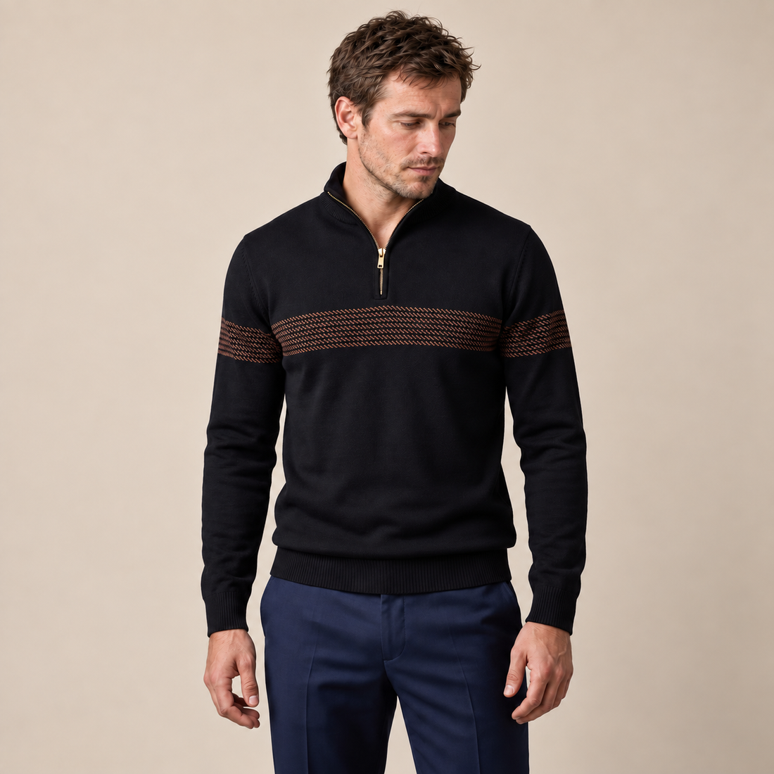 Sweter męski w zygzakowate paski z krótkim zamkiem