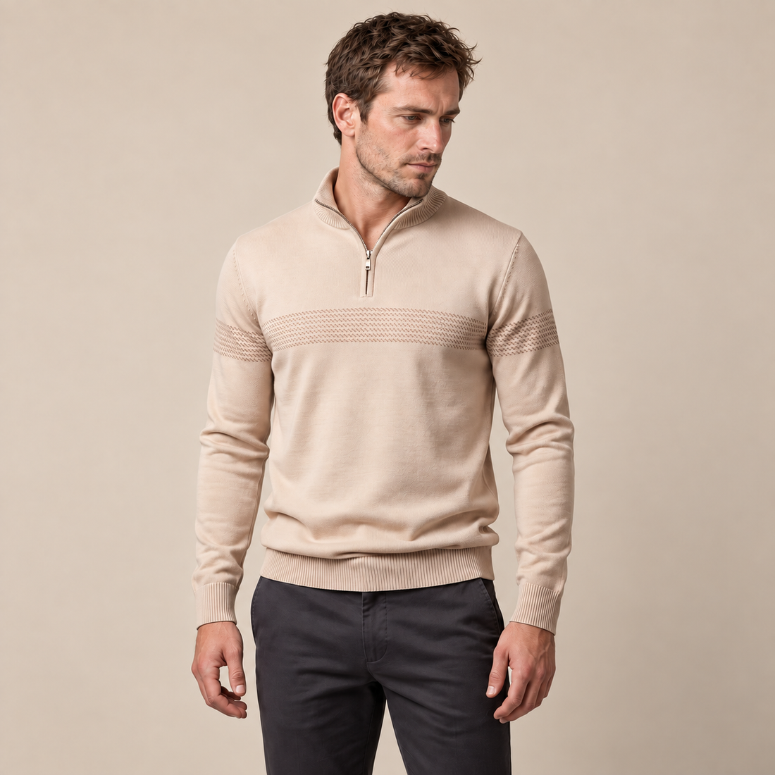 Sweter męski w zygzakowate paski z krótkim zamkiem