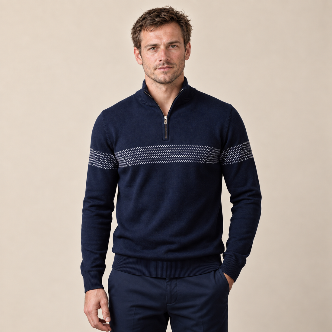 Sweter męski w zygzakowate paski z krótkim zamkiem