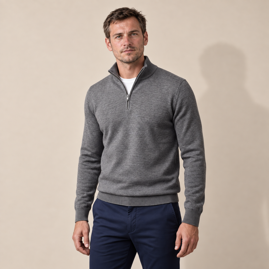 Sweter męski z dzianiny z krótkim zamkiem