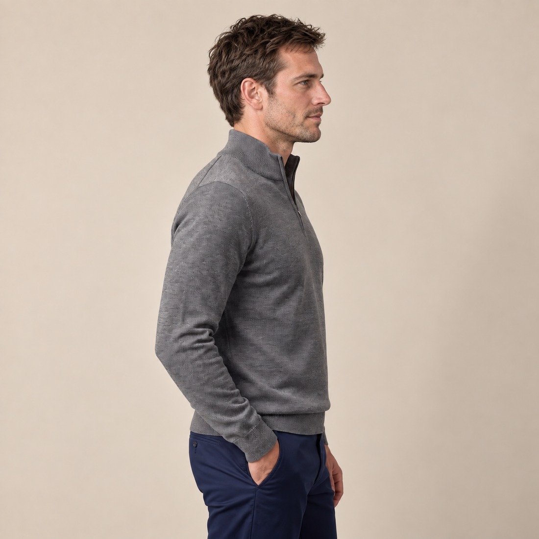 Sweter męski z dzianiny z krótkim zamkiem