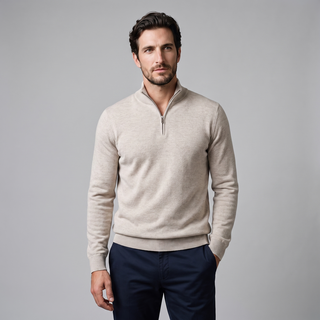 Sweter męski z dzianiny z krótkim zamkiem