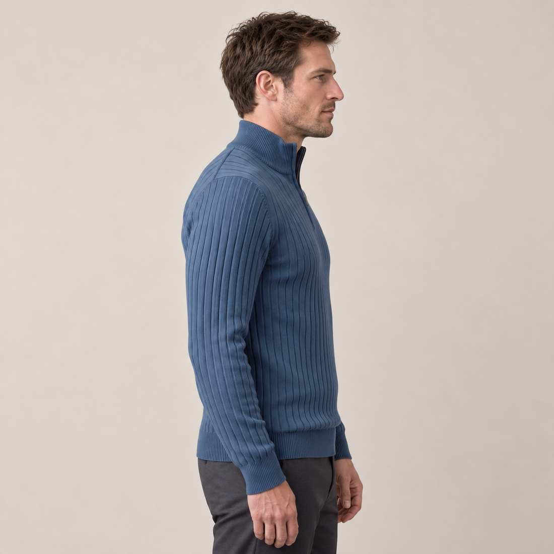 Sweter męski bawełniany prążkowany z krótkim zamkiem