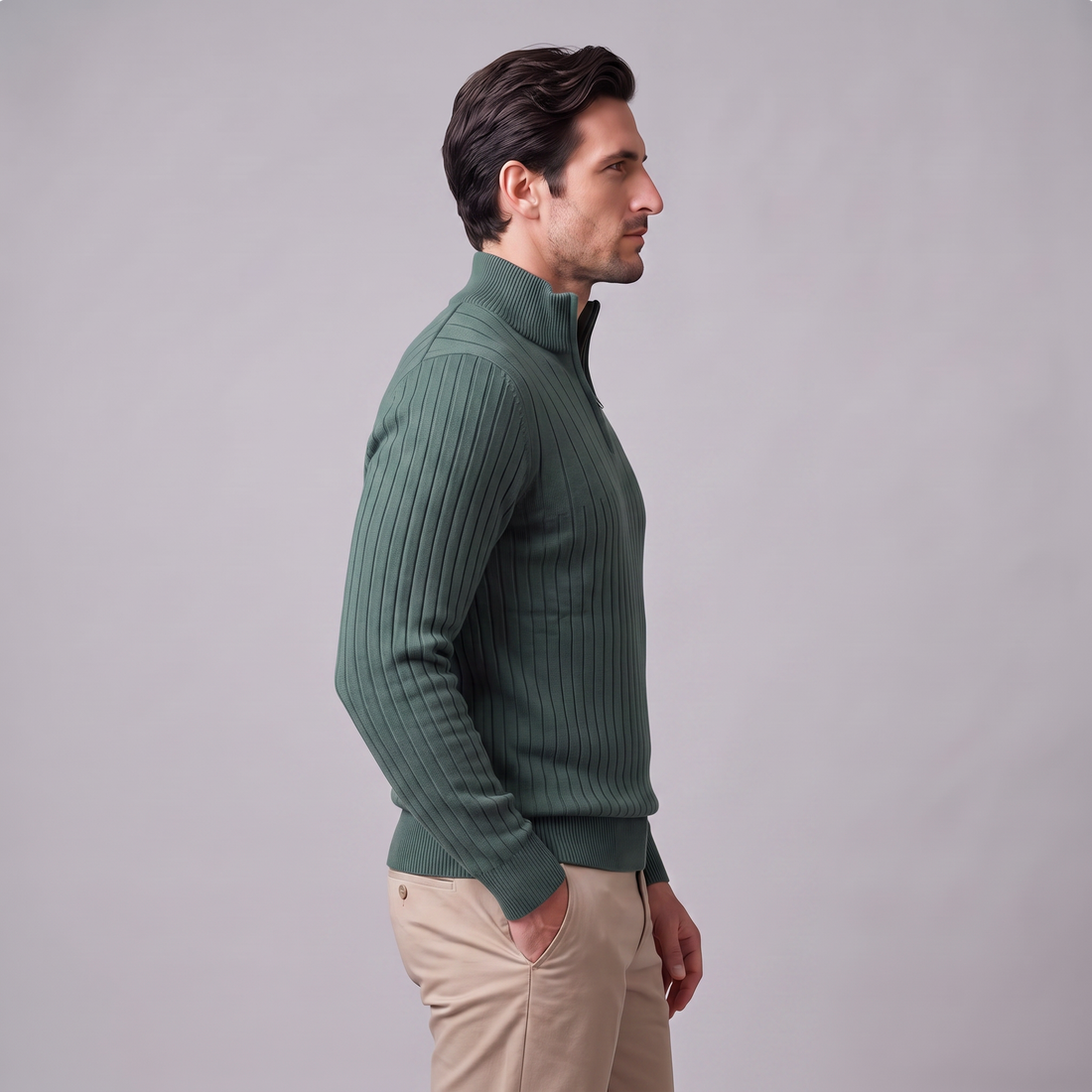 Sweter męski bawełniany prążkowany z krótkim zamkiem