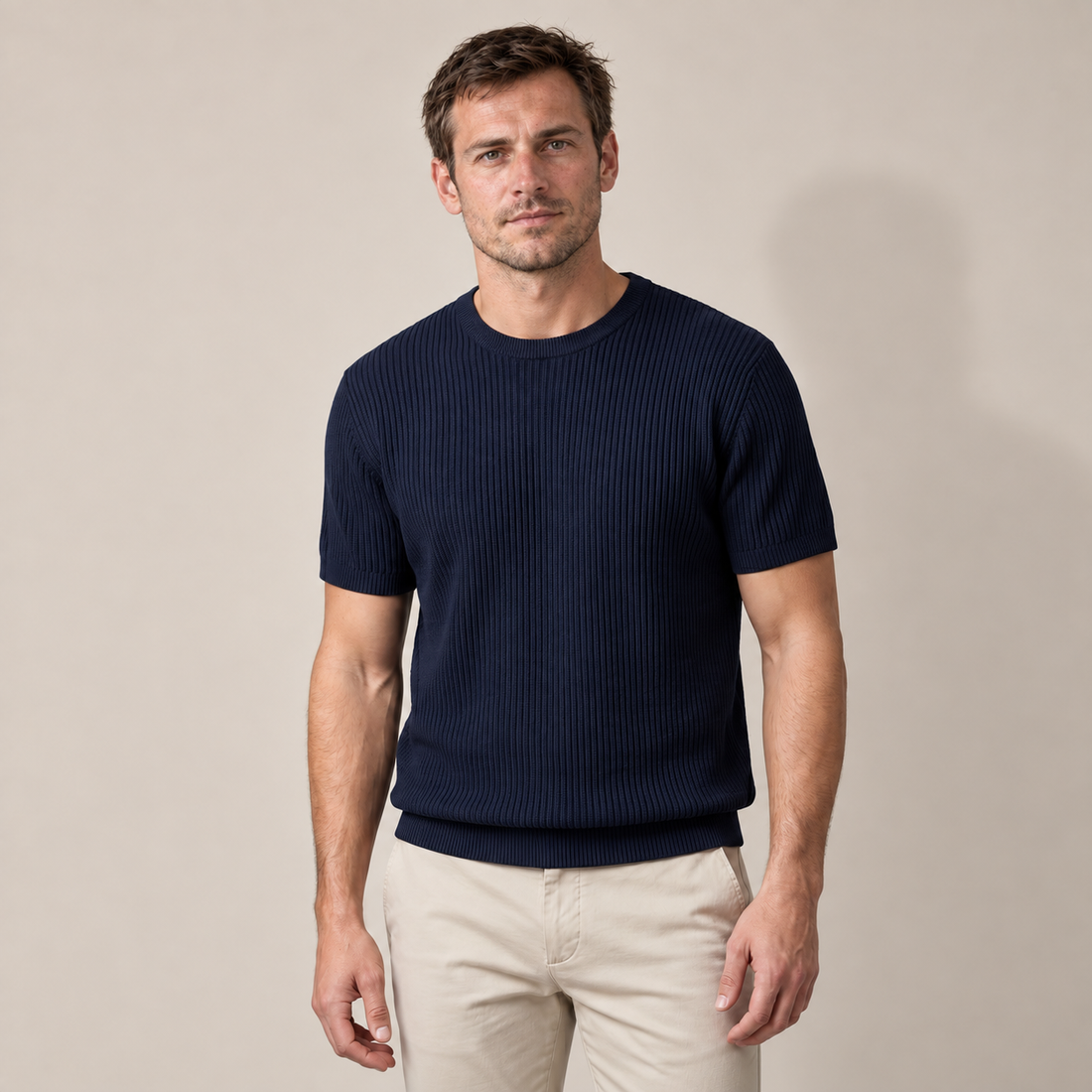 T-shirt męski prążkowany z okrągłym dekoltem