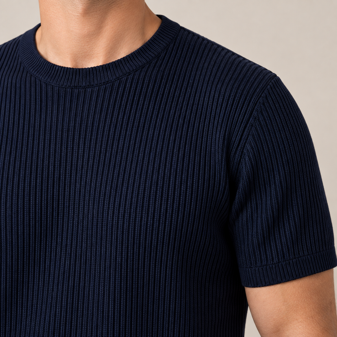 T-shirt męski prążkowany z okrągłym dekoltem