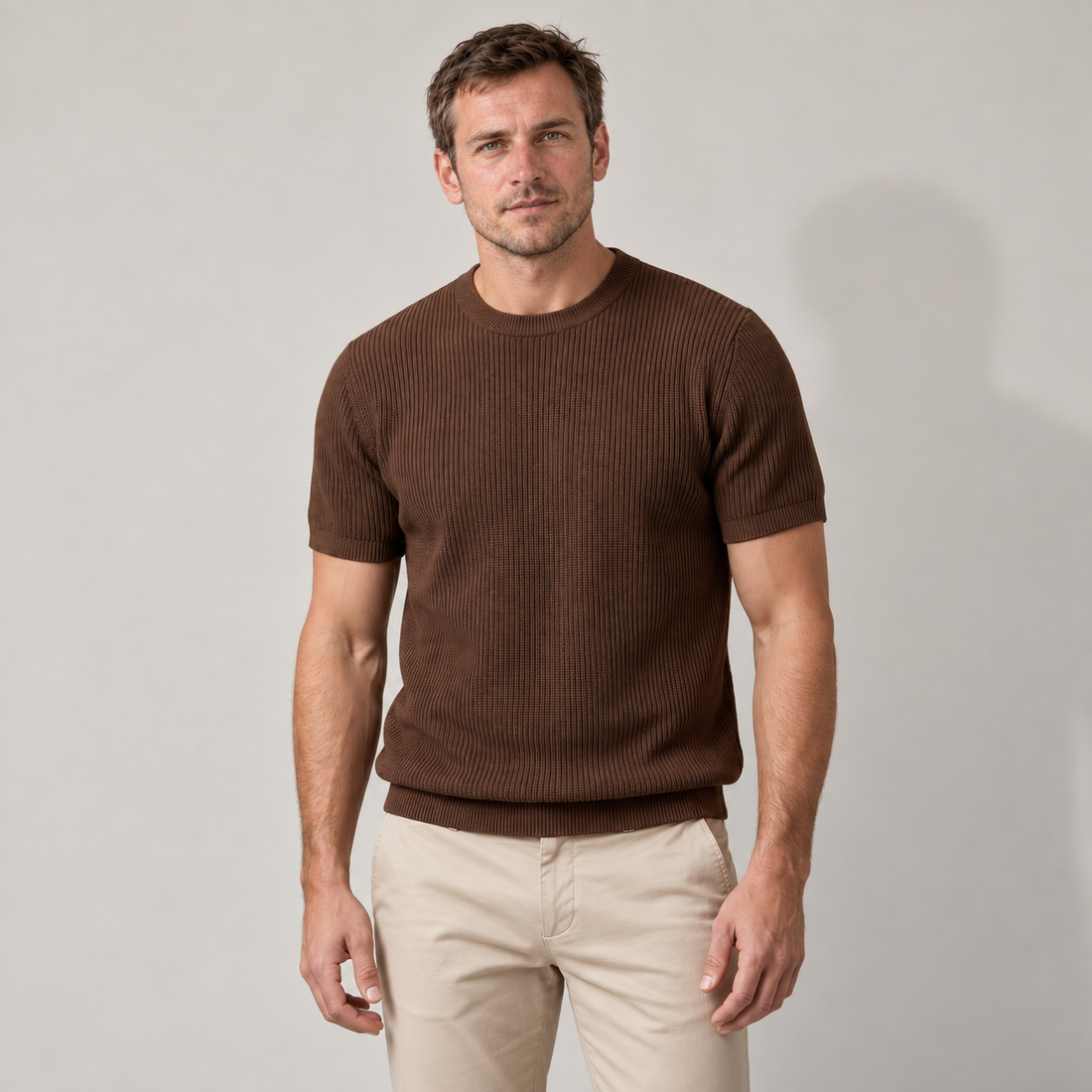 T-shirt męski prążkowany z okrągłym dekoltem