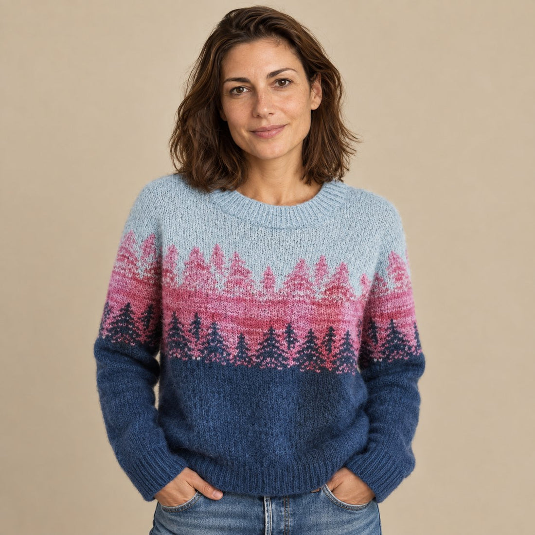 Sweter damski z efektem ombre, okrągłym dekoltem i długim rękawem