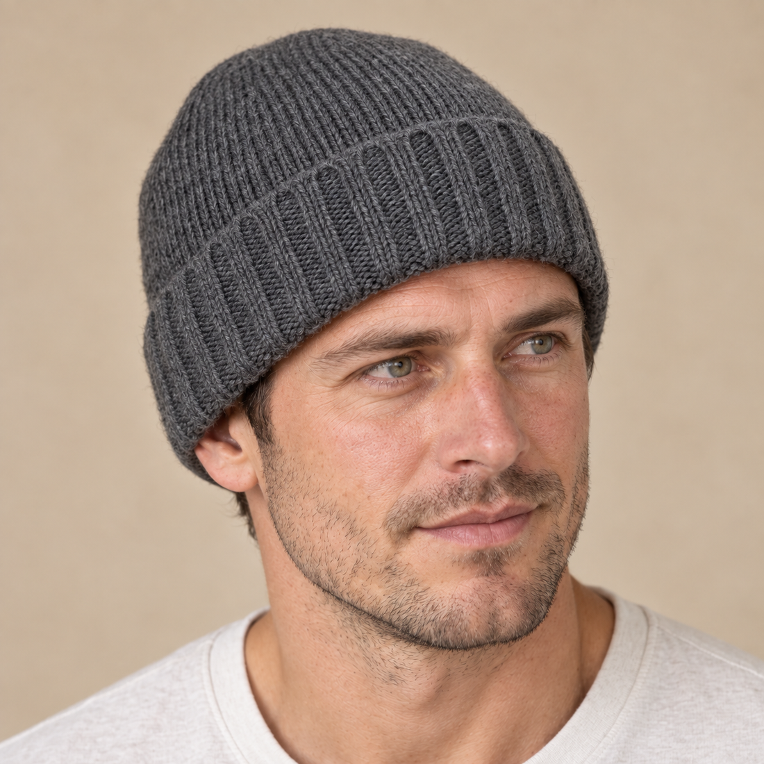 Czapka beanie męska prążkowana z kaszmiru