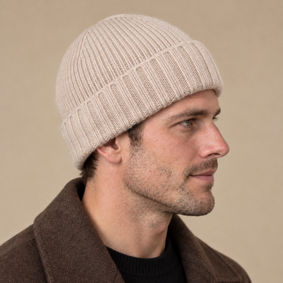 Czapka beanie męska prążkowana z kaszmiru