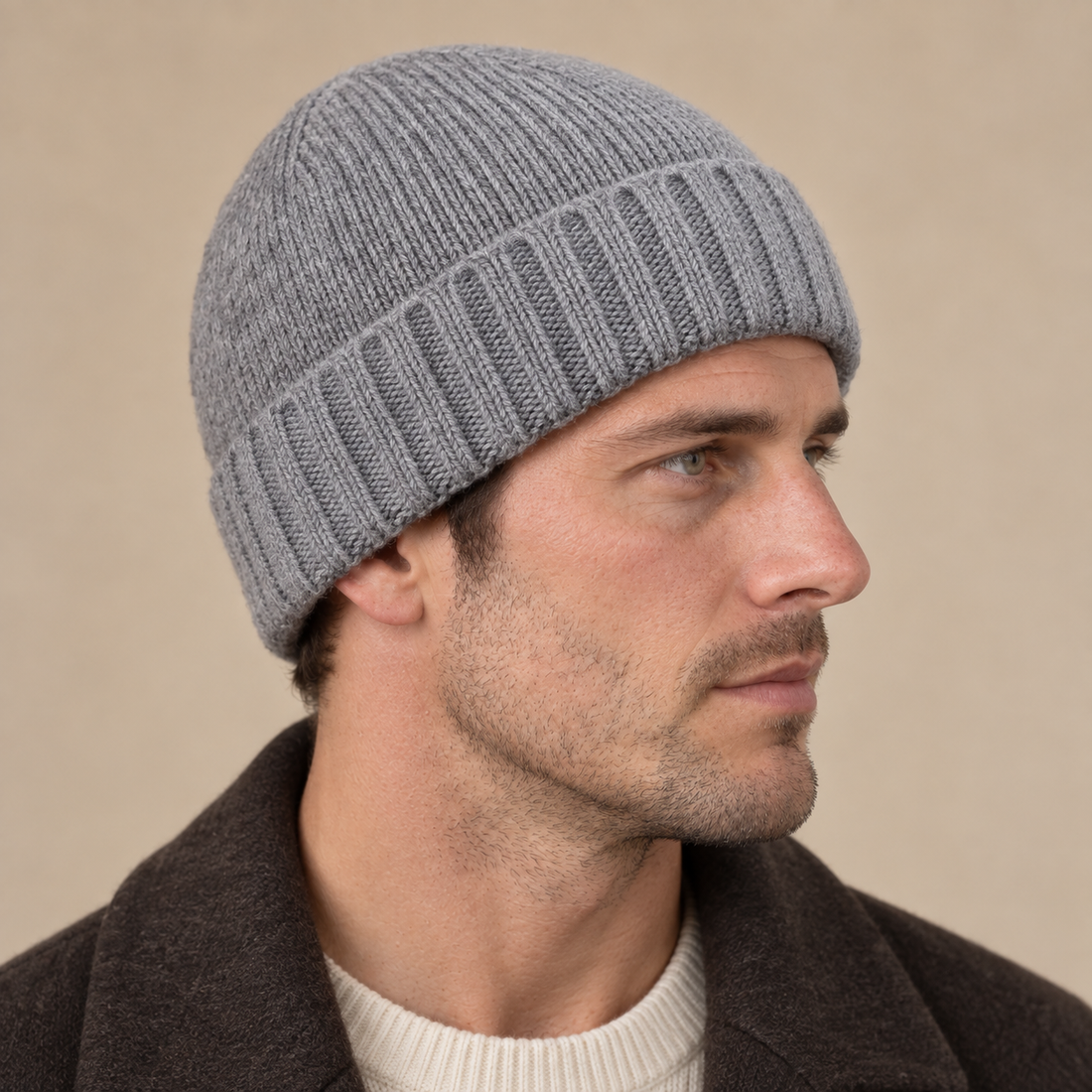 Czapka beanie męska prążkowana z kaszmiru