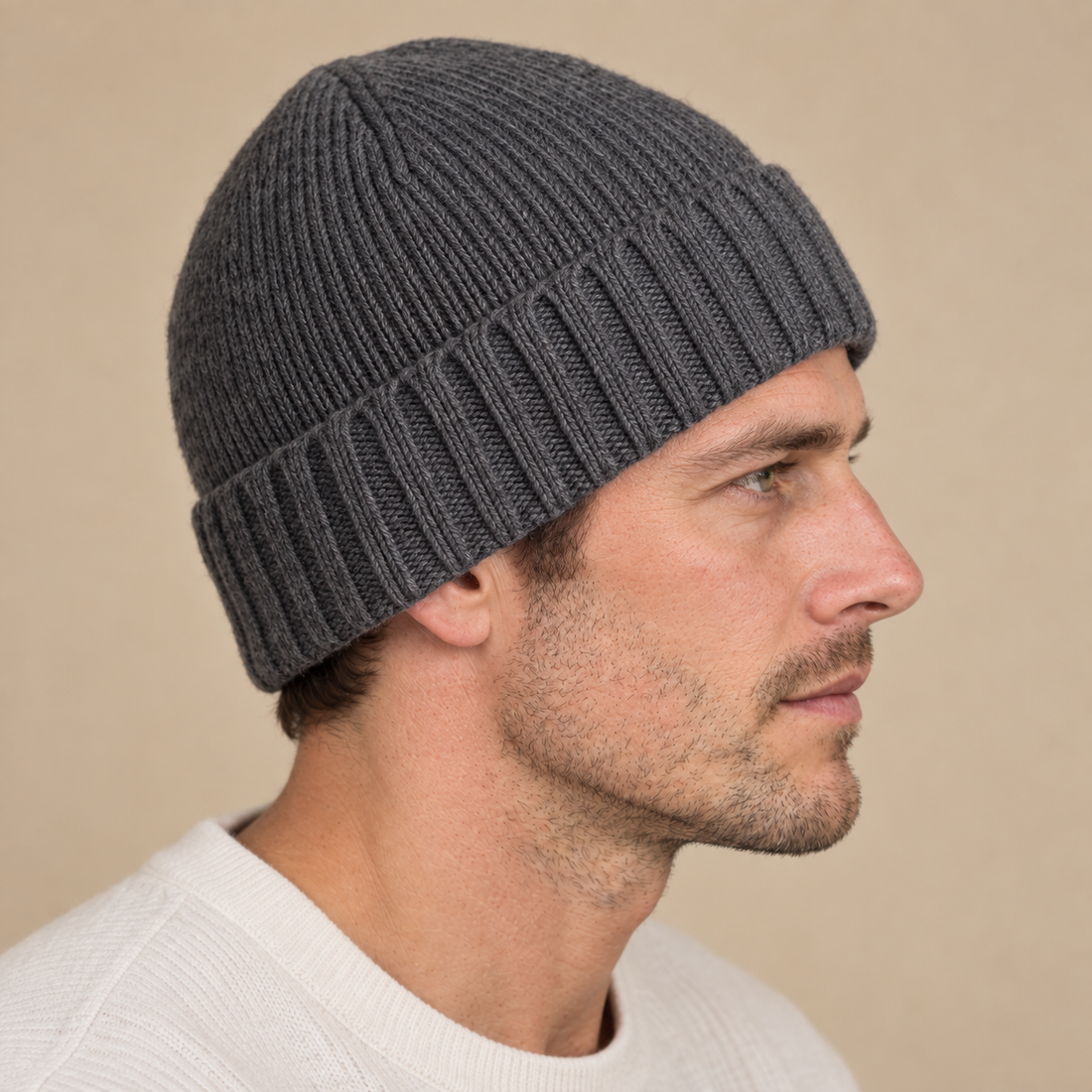 Czapka beanie męska prążkowana z kaszmiru