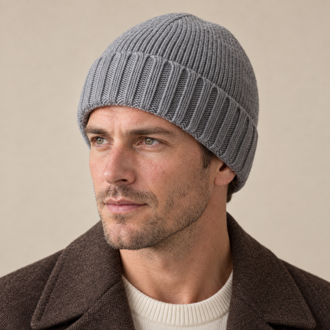 Czapka beanie męska prążkowana z kaszmiru