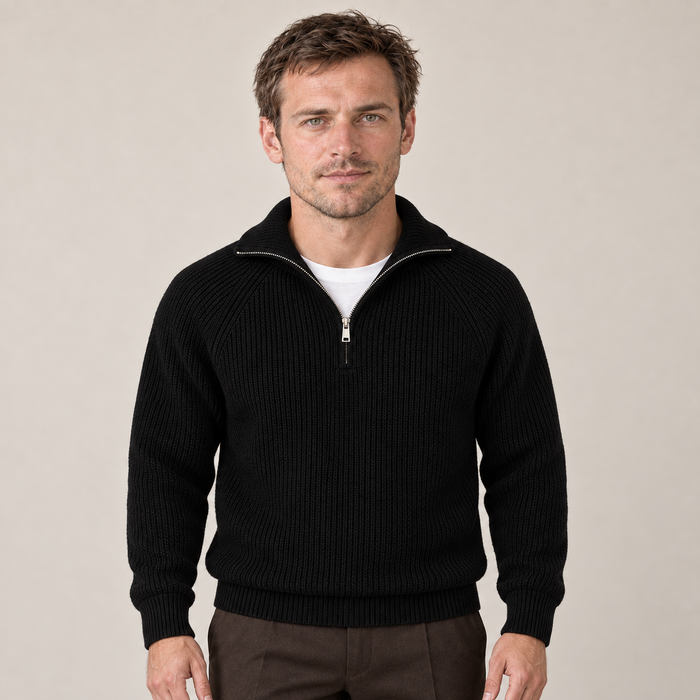 Dzianinowy sweter męski z krótkim zamkiem