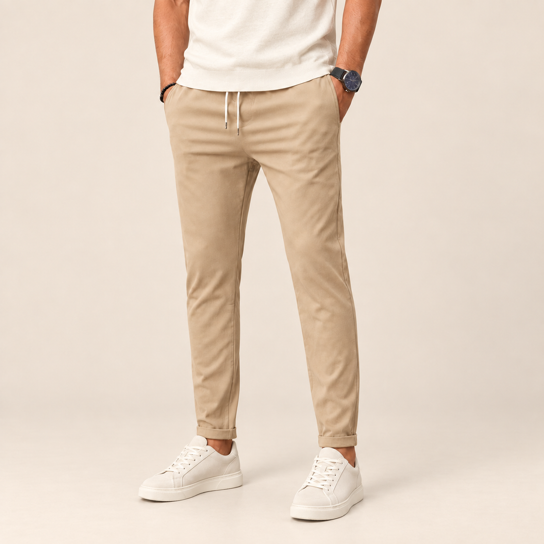 Spodnie męskie slim fit zwężane, wiązane w pasie