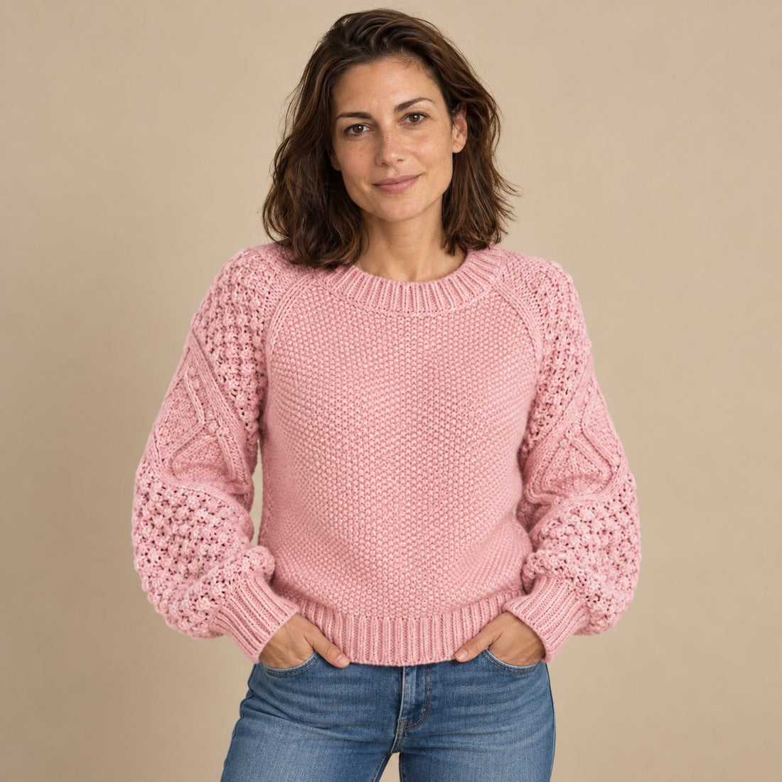 Sweter damski w warkocze z bufiastymi rękawami