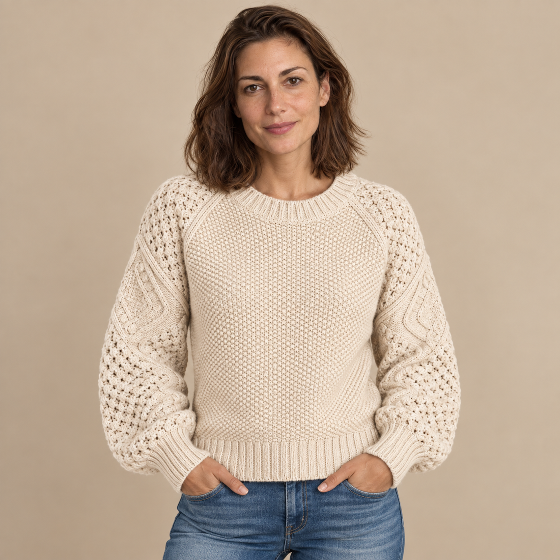 Sweter damski w warkocze z bufiastymi rękawami