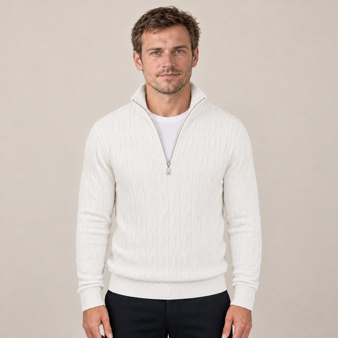 Sweter męski z krótkim zamkiem i fakturowanym kominem