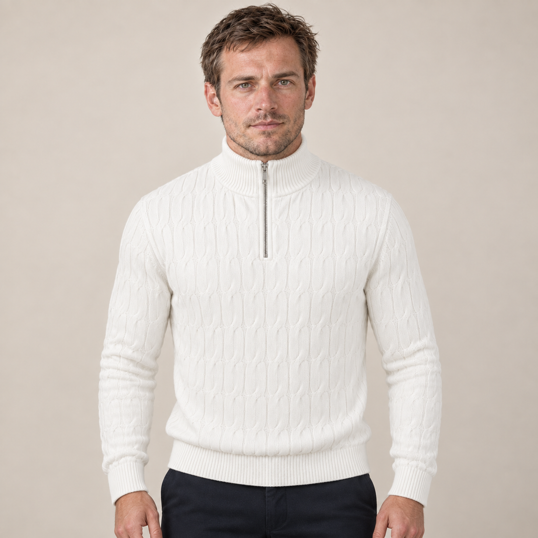 Sweter męski z krótkim zamkiem i fakturowanym kominem