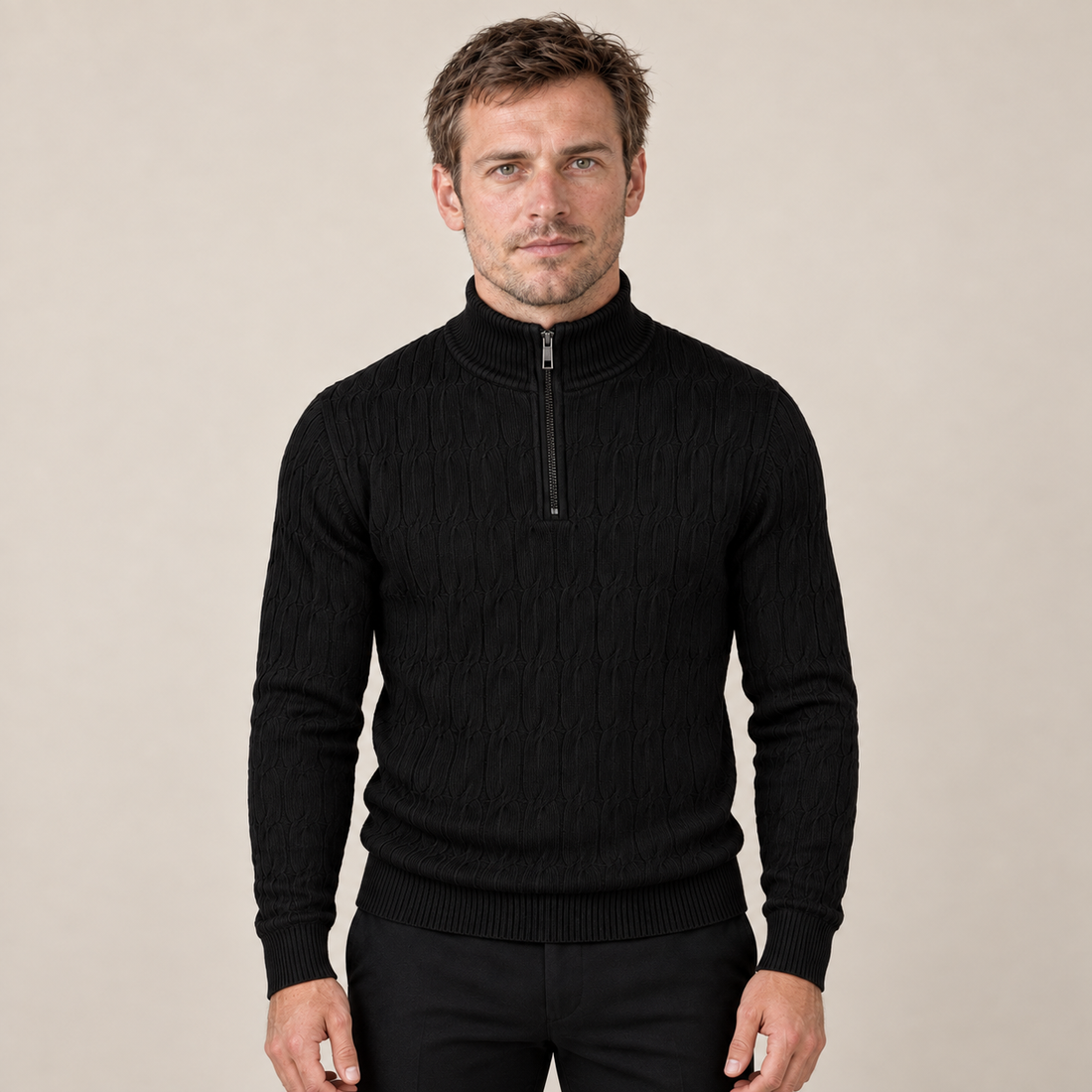 Sweter męski z krótkim zamkiem i fakturowanym kominem