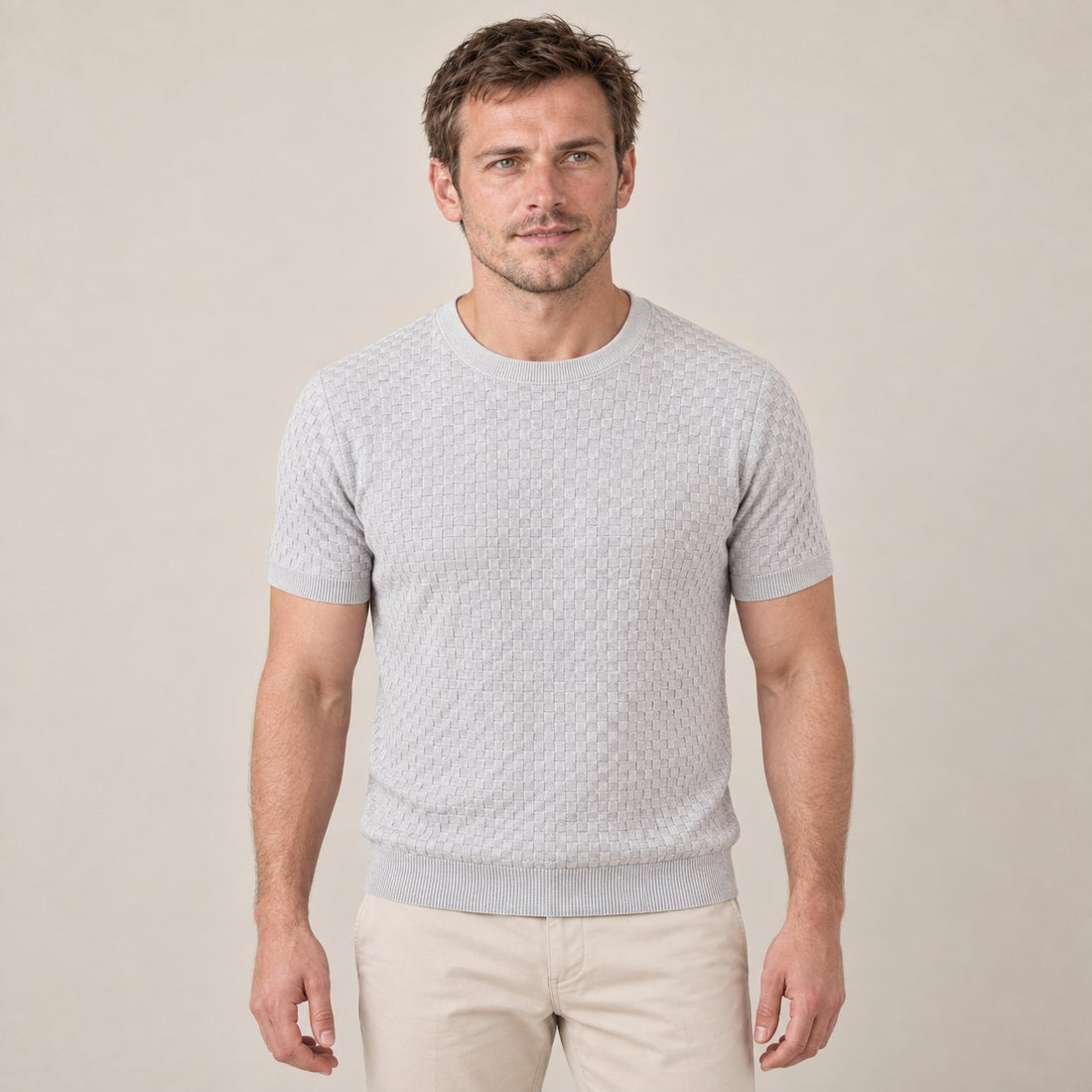 T-shirt męski z dzianiny o splocie koszykowym