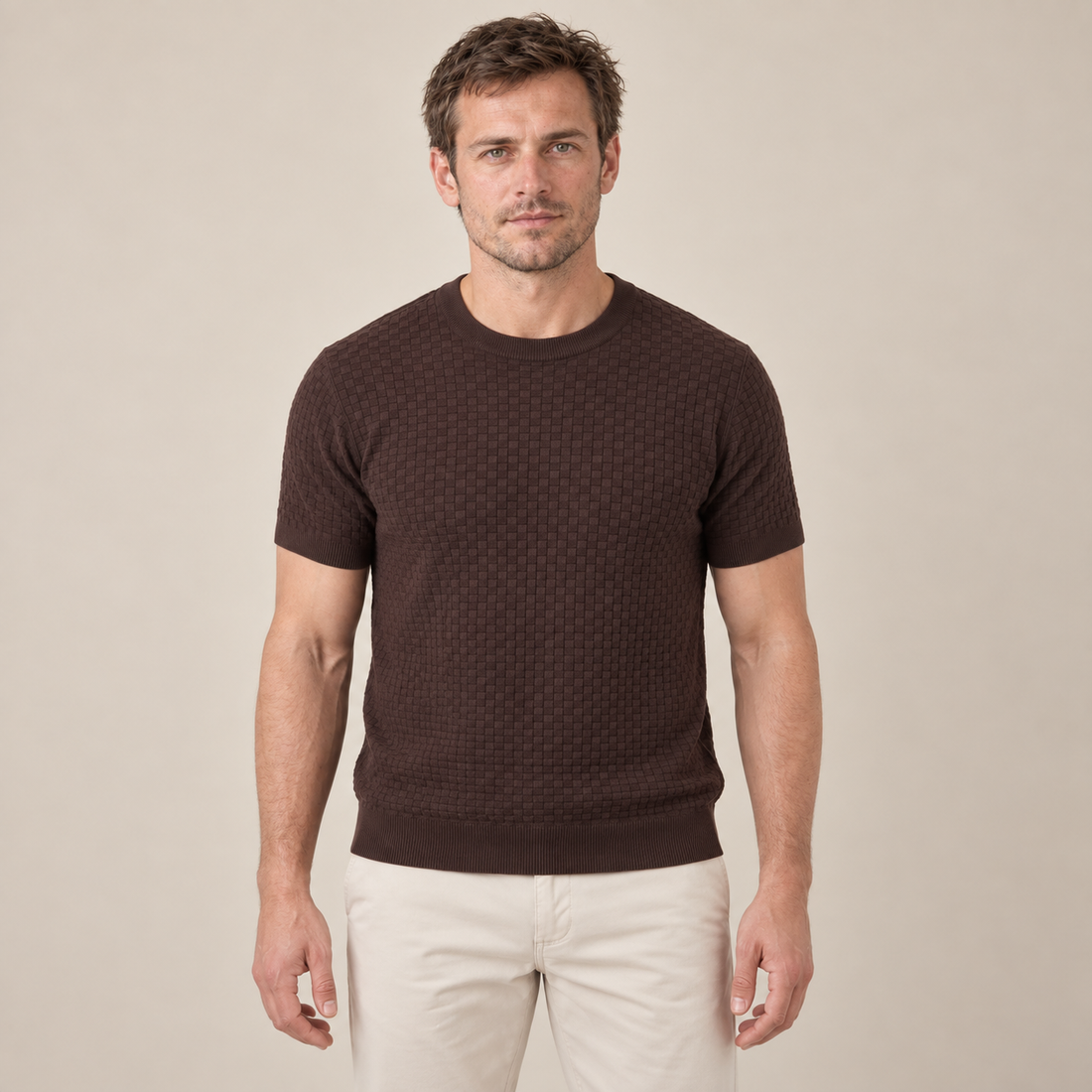 T-shirt męski z dzianiny o splocie koszykowym