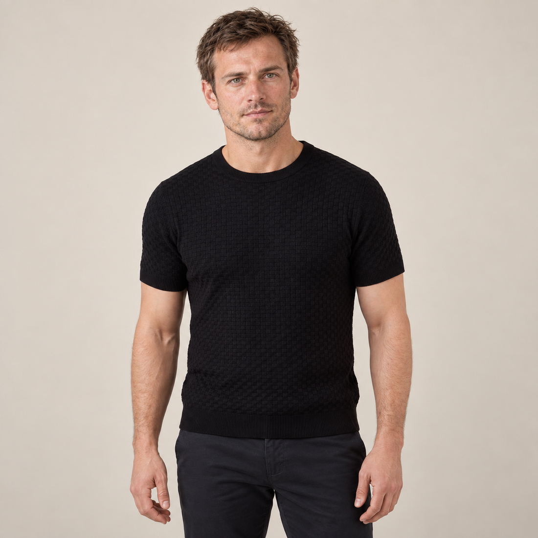 T-shirt męski z dzianiny o splocie koszykowym