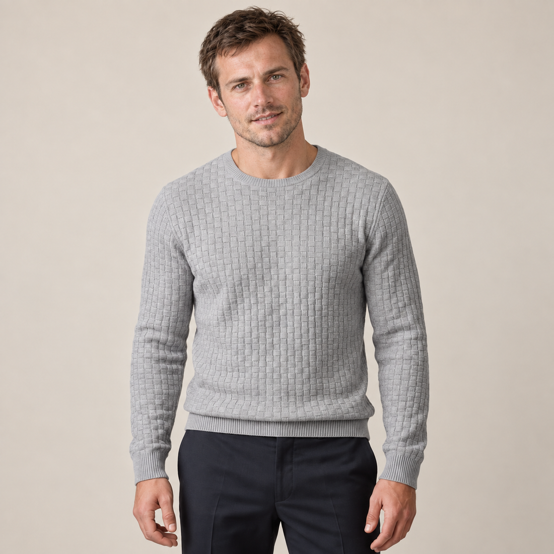 Sweter męski z okrągłym dekoltem o splocie koszykowym