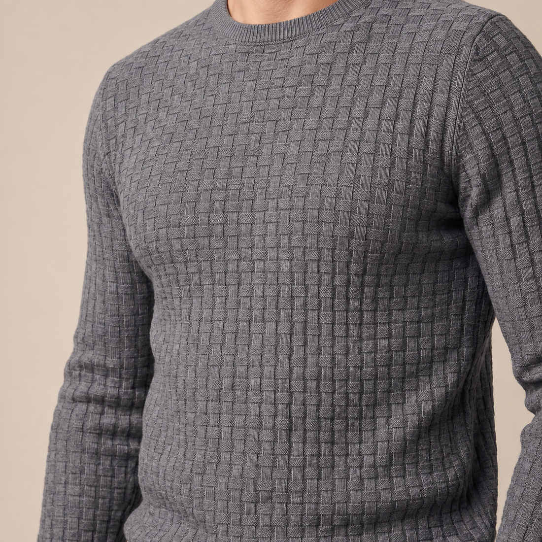 Sweter męski z okrągłym dekoltem o splocie koszykowym