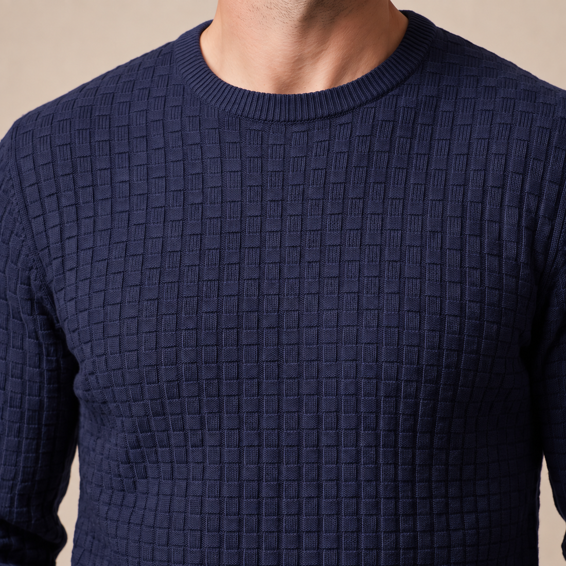 Sweter męski z okrągłym dekoltem o splocie koszykowym