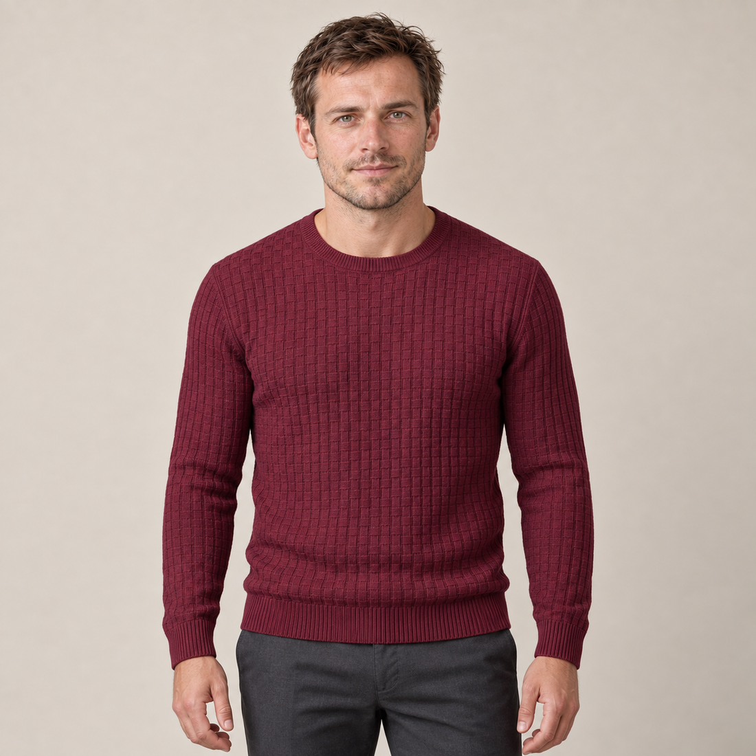 Sweter męski z okrągłym dekoltem o splocie koszykowym